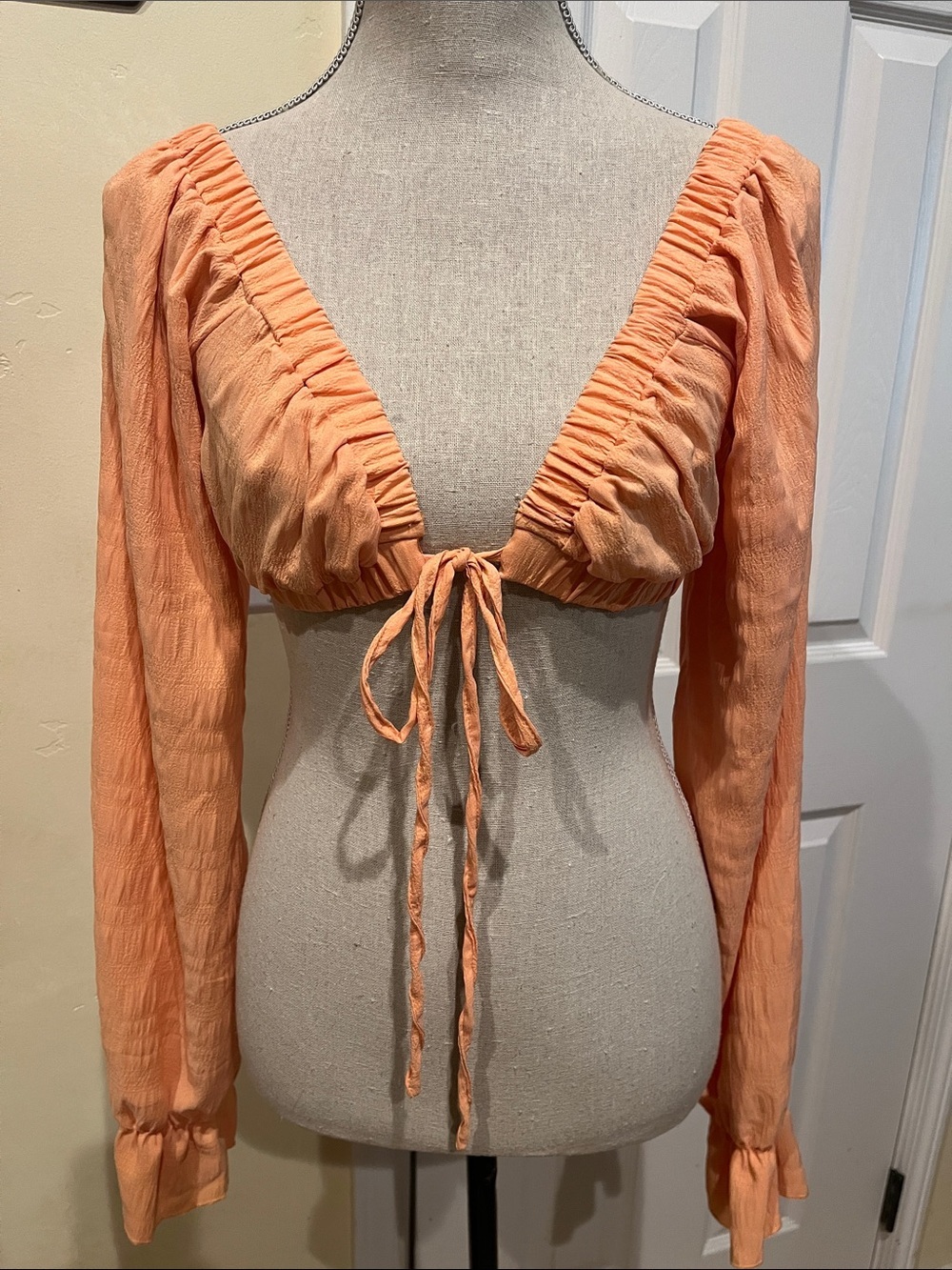 SHEIN Peach Ruched Long-Sleeve Tie-Front Crop Top